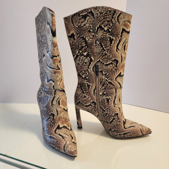 Vince Camuto Shoes - Vince Camuto Tan Snake Print Leather Mid-Calf Heeled Boots